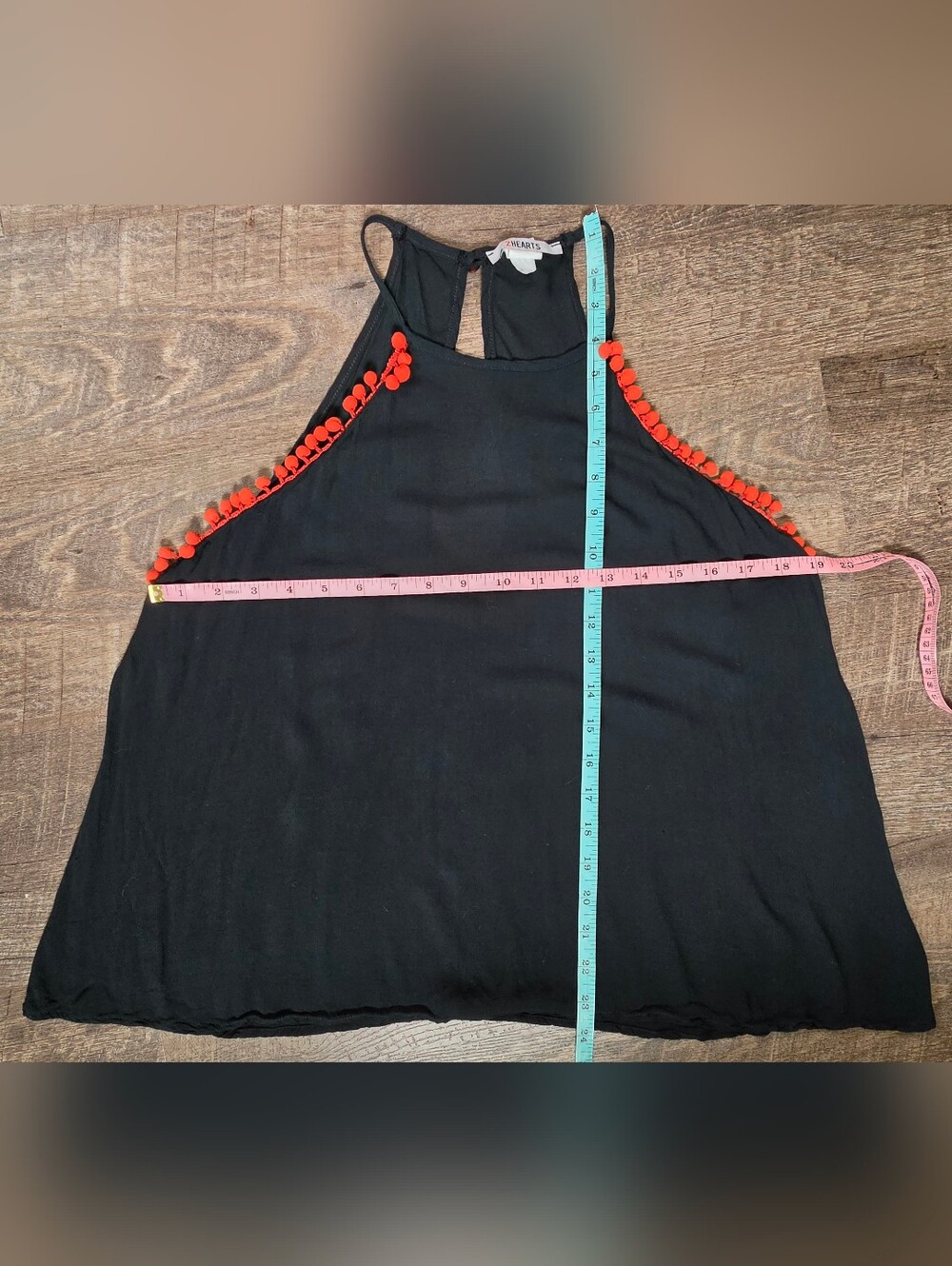 Y2K Vintage Halter Swing Tank Womens L Black w Red Pom-Trim Dark Boho Lightweigh - Picture 9 of 9